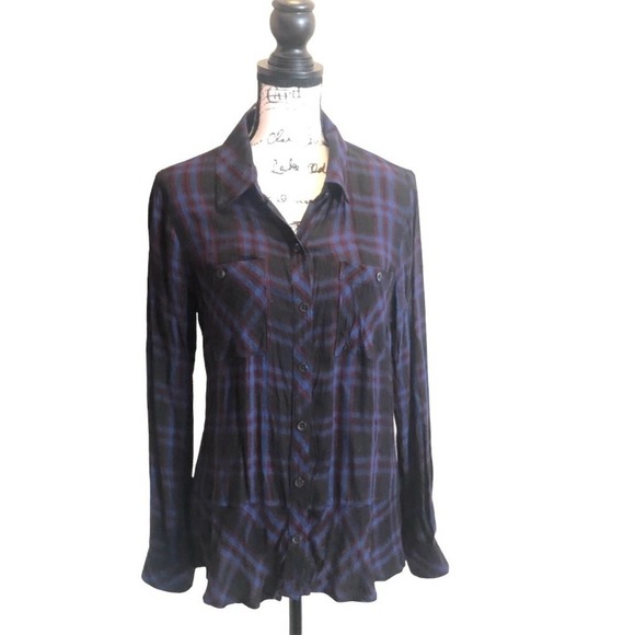Cabi Moody Check Plaid Peplum Shirt Blue Black Size Medium Button Down casual - Picture 2 of 14